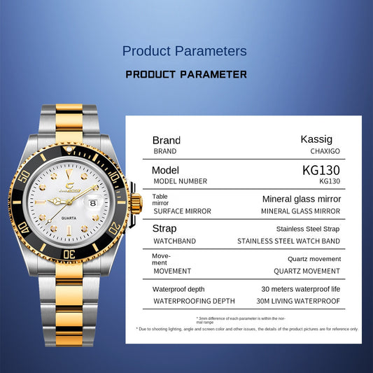 Swiss Brand CHAXIGO Men's Watch Green Submariner Style Waterproof Versatile Alloy Quartz Watch