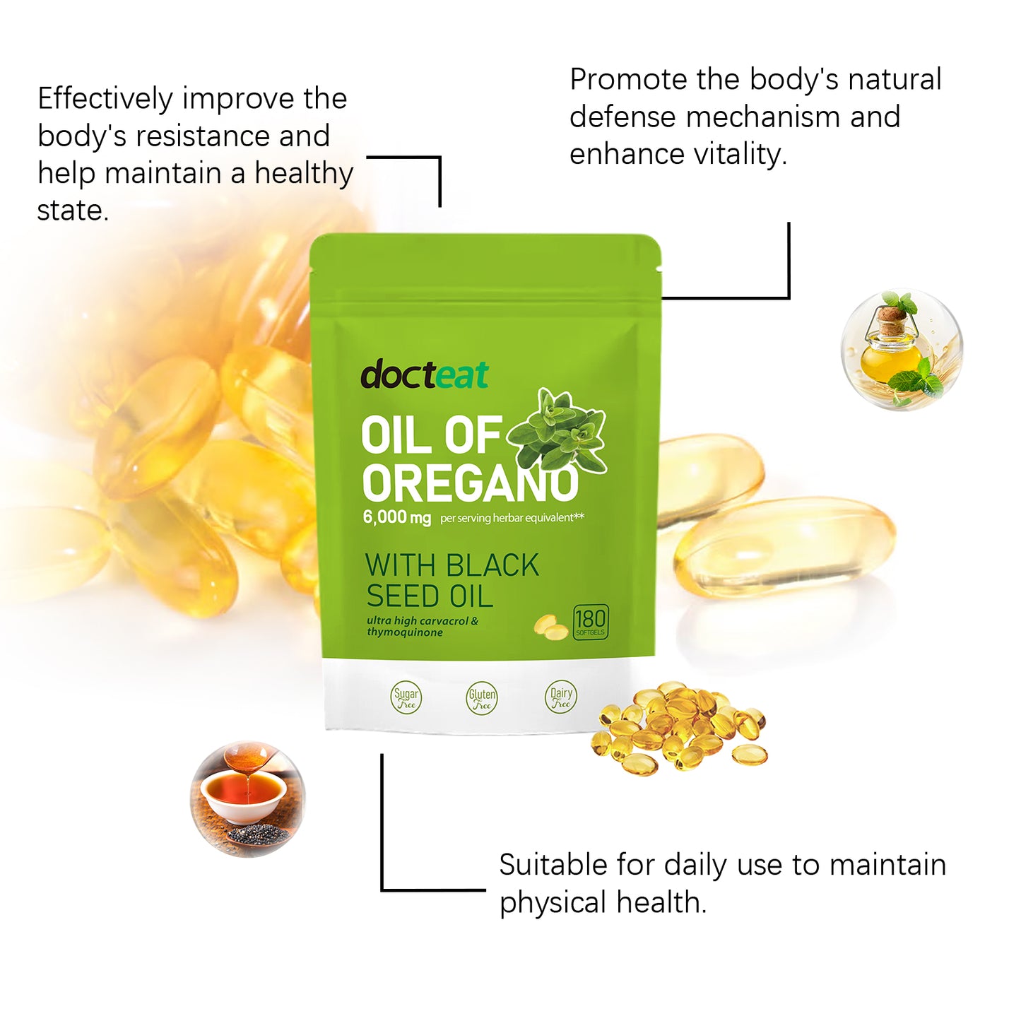 Docteat Oregano Oil Capsules Body Care Enhances Overall Vitality Pure Formula Daily Nutritional Supplement