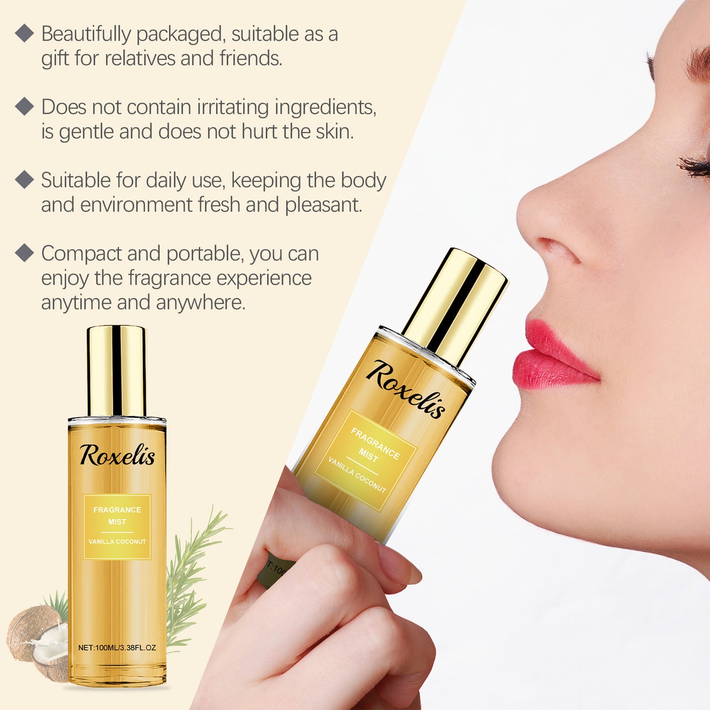 Roxelis Vanilla Coconut Fragrance Spray Long Lasting Fragrance Refreshing Body Spray Floral Fruit Fragrance Refreshing Body Fragrance