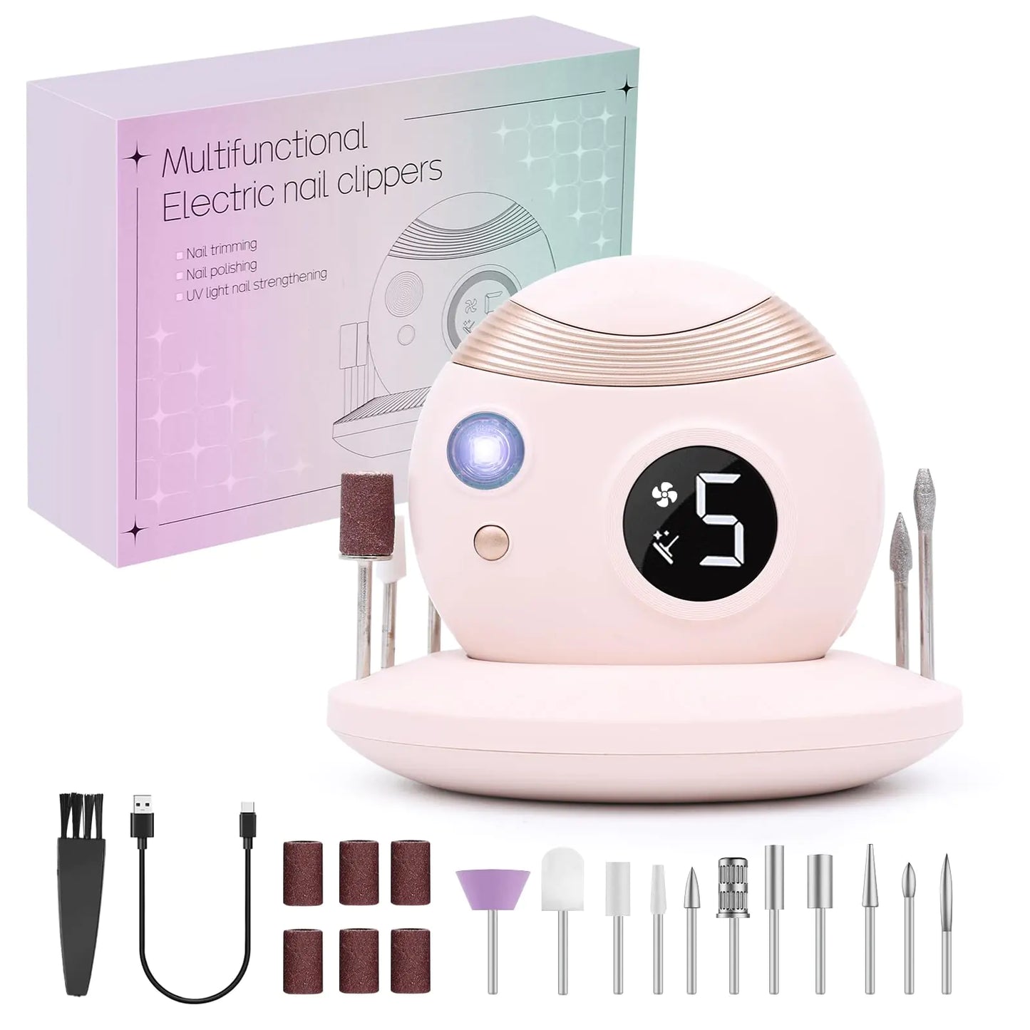 Upgrade 3 in 1 Cordless Nail Drill Electric File Portable Electric Nail Clipper Nail Care Set with UV Light for Acrylic Gel Manicure Pedicure Polishing Shape Tool with Nail Drill Bits (Pink)